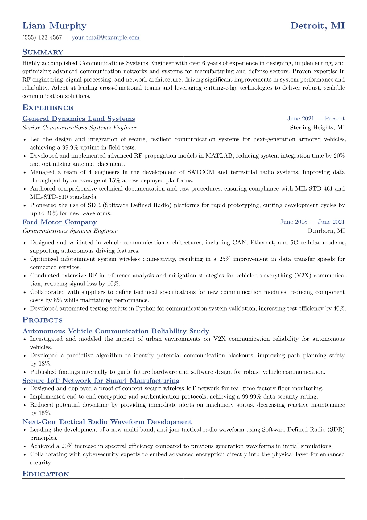Communications Systems Engineer Resume Example CV template - Page 1