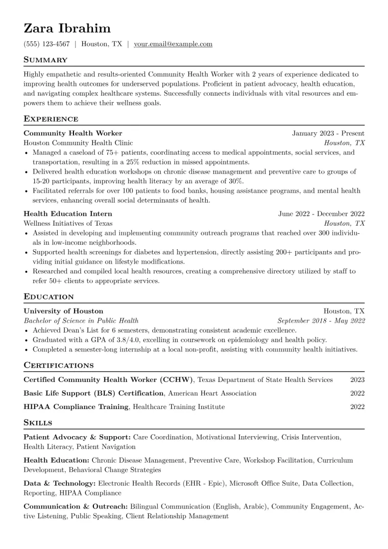 Community Health Worker Resume Example