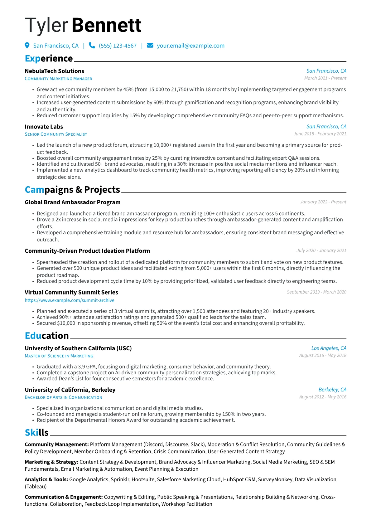 Community Marketing Manager Resume Example CV template - Page 1