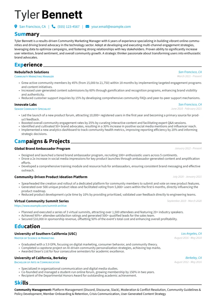 Community Marketing Manager Resume Example CV template preview