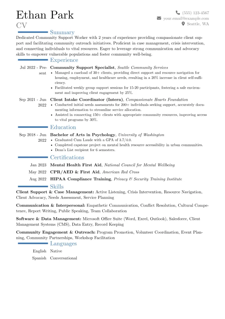 Community Support Worker Resume Example CV template preview