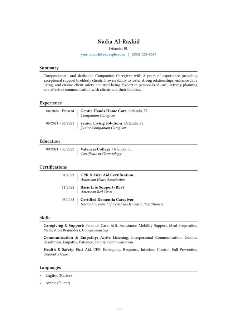 Companion Caregiver Resume Example CV template preview