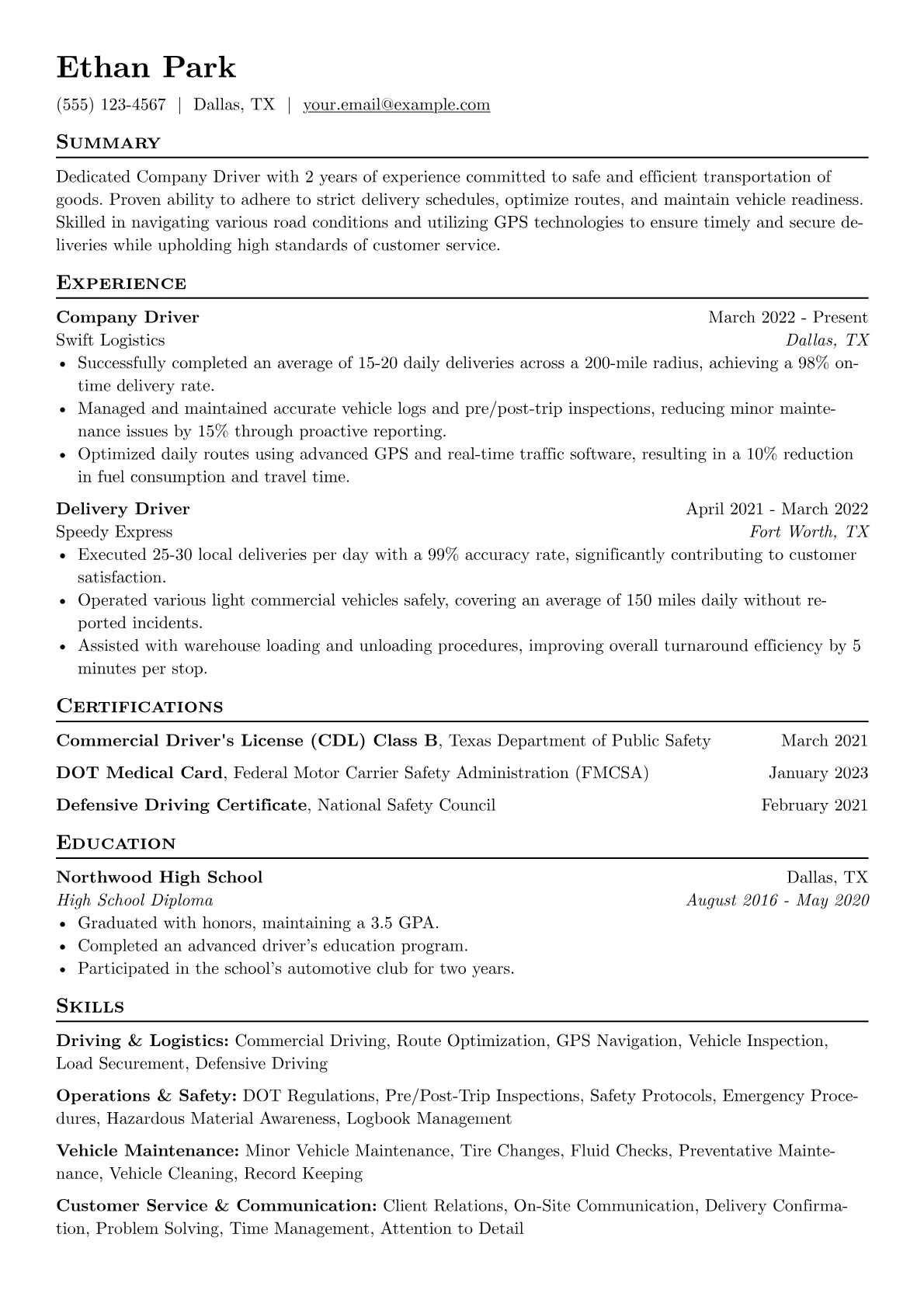Company Driver Resume Example CV template - Page 1