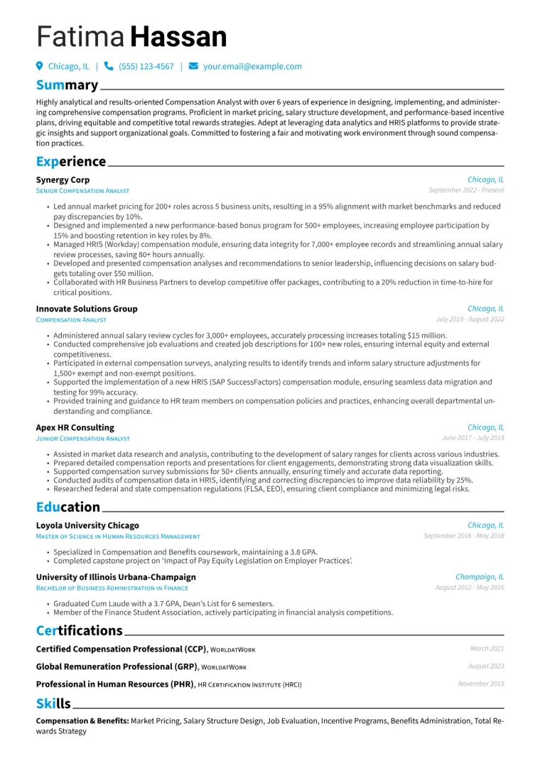 Compensation Analyst Resume Example CV template preview