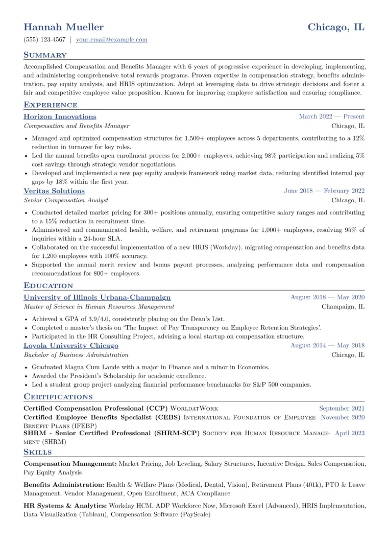 Compensation and Benefits Manager Resume Example CV template preview