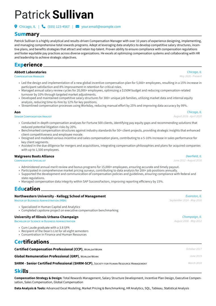 Compensation Manager Resume Example CV template preview