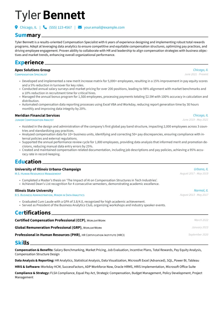 Compensation Specialist Resume Example CV template preview