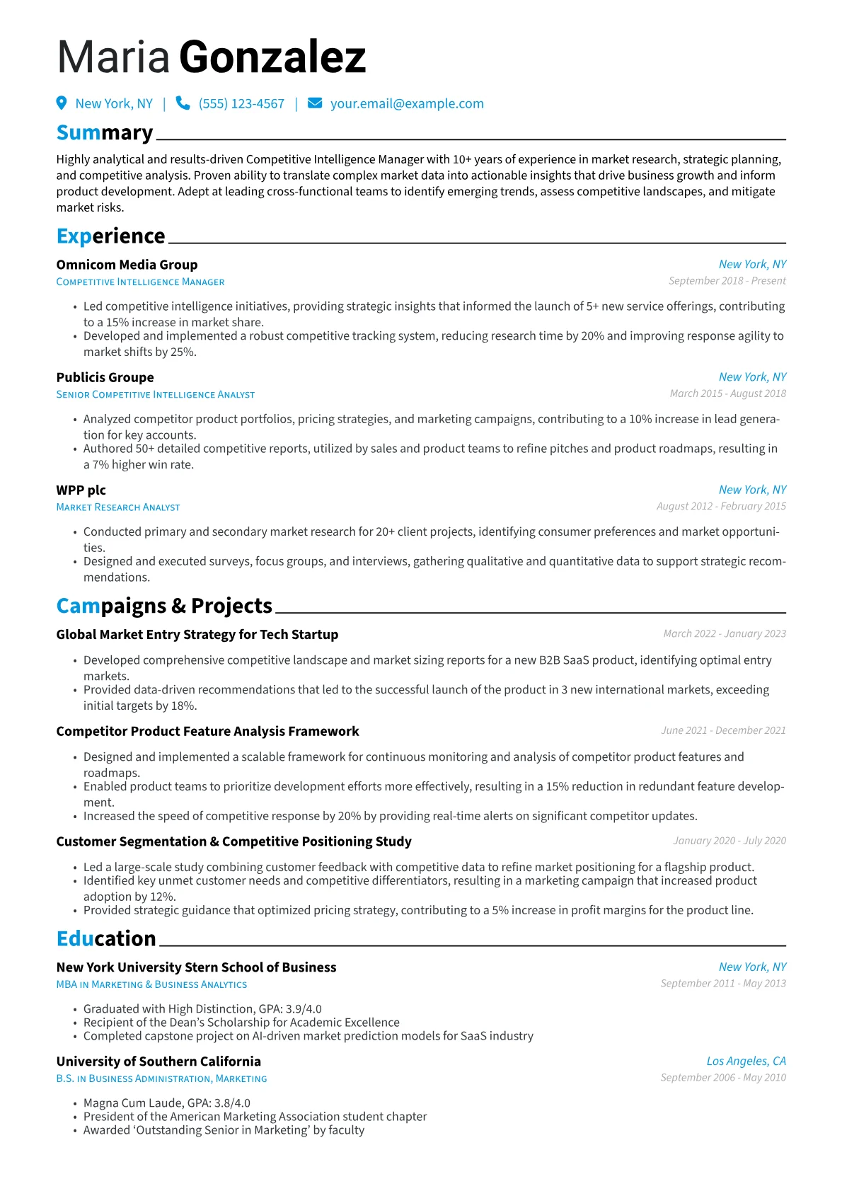 Competitive Intelligence Manager Resume Example CV template - Page 1