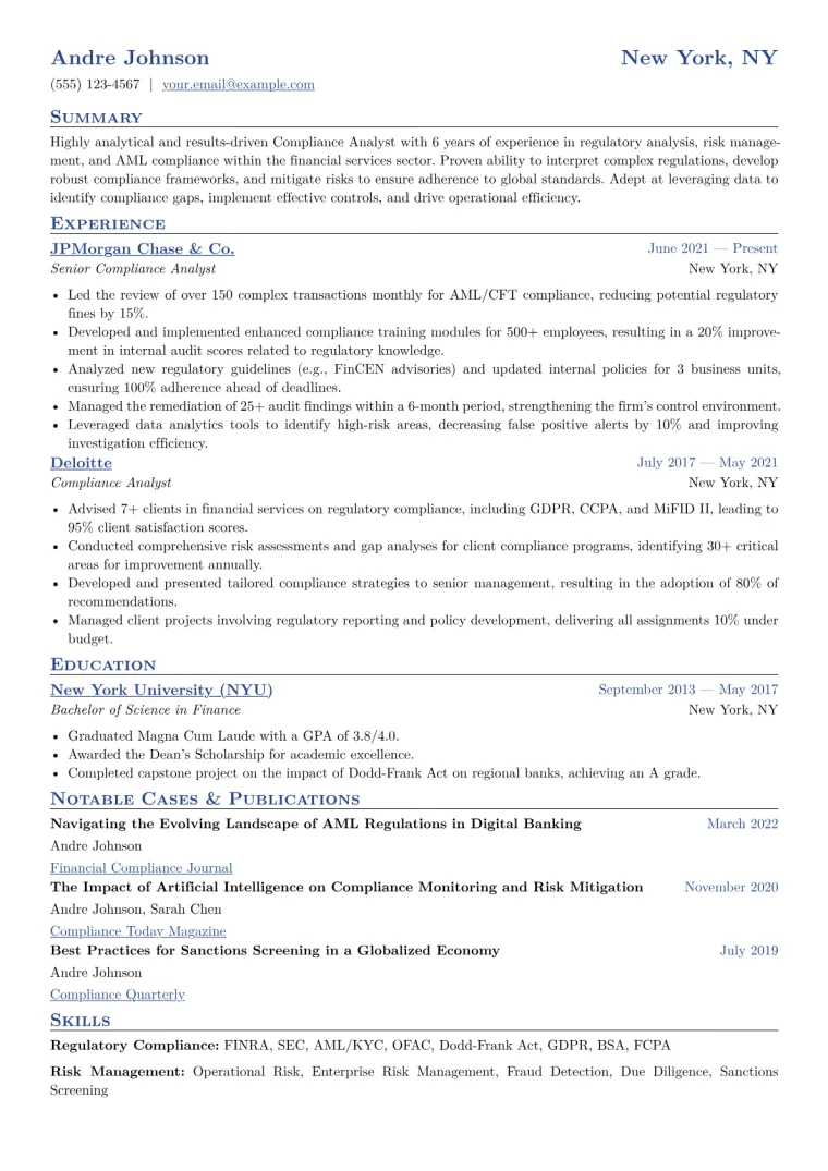 Compliance Analyst Resume Example CV template preview