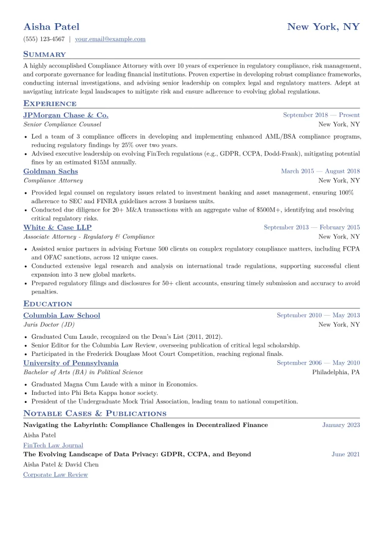 Compliance Attorney Resume Example CV template preview