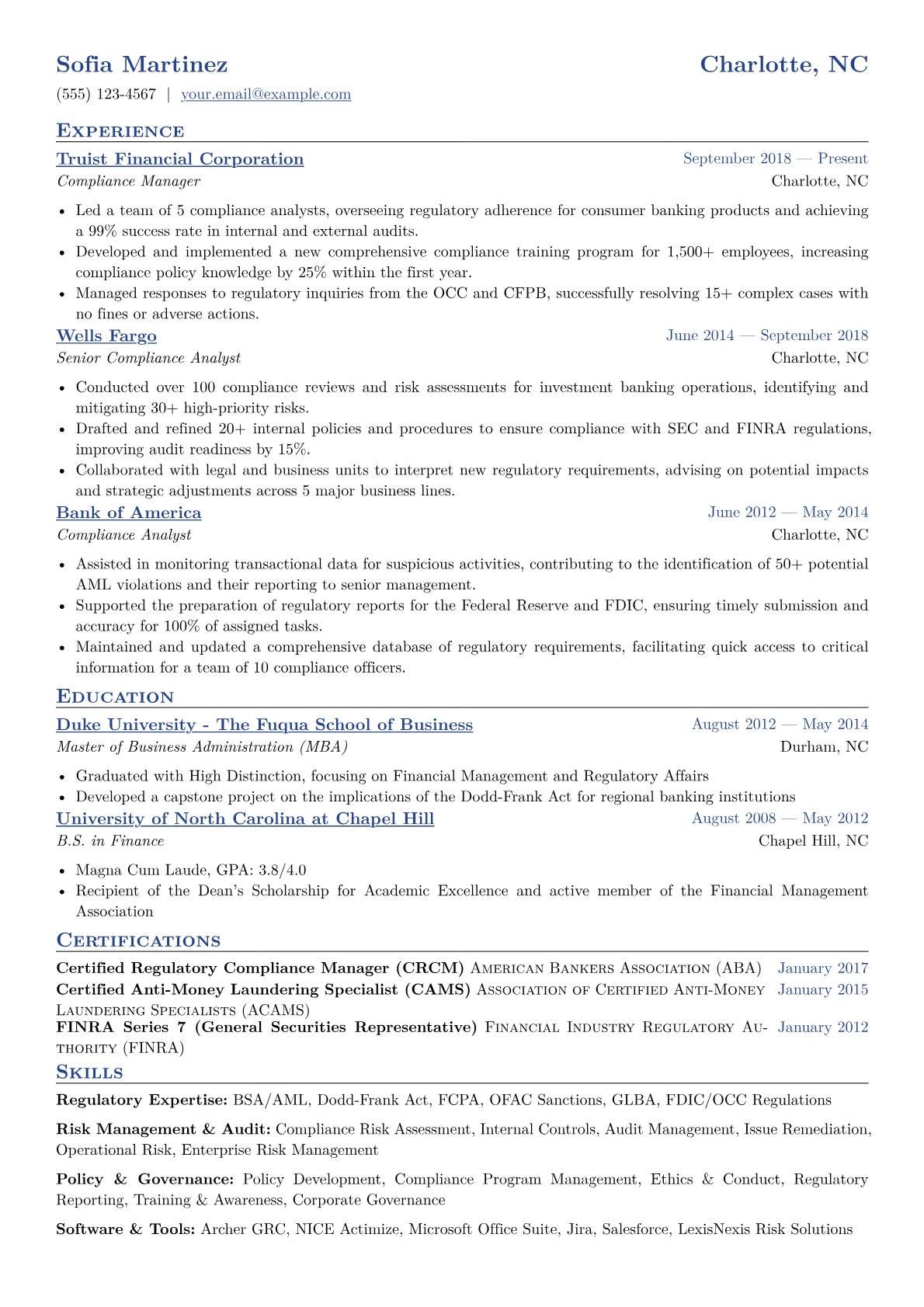Compliance Manager Resume Example CV template - Page 1