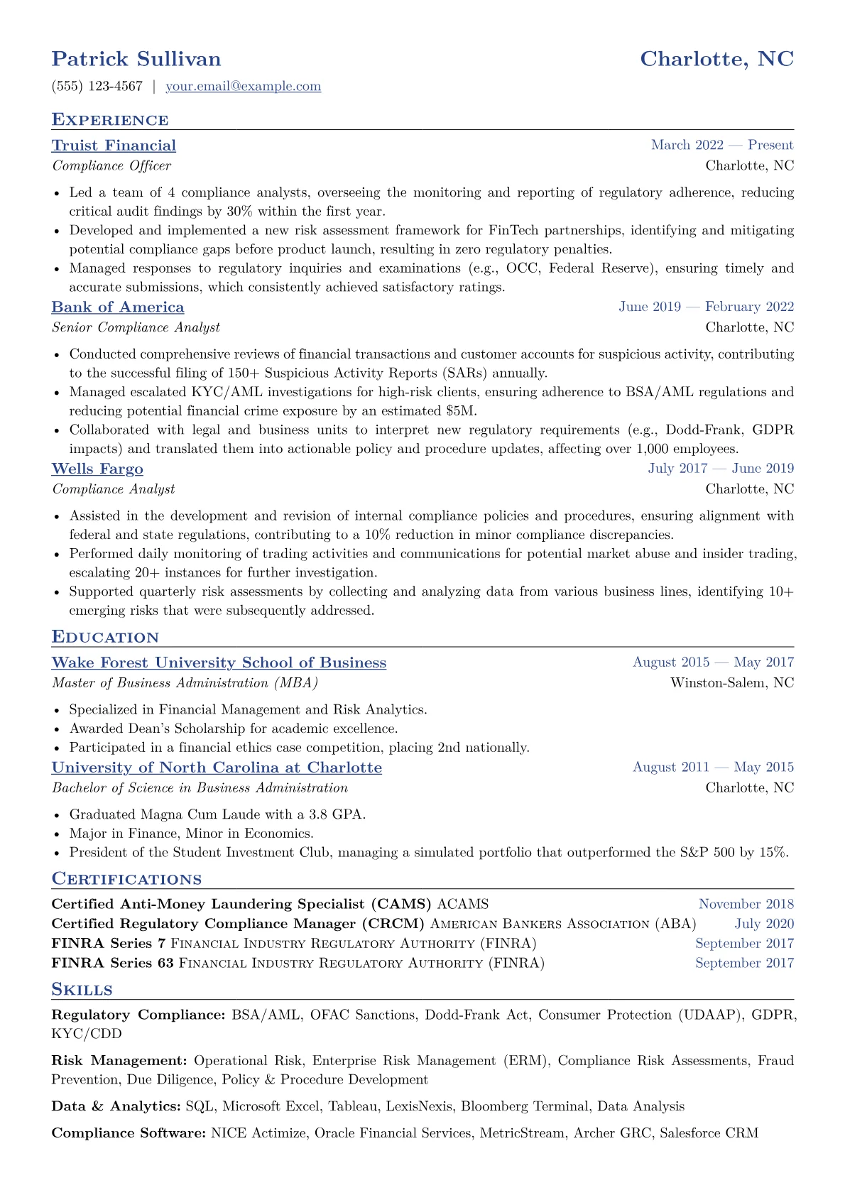 Compliance Officer Resume Example CV template - Page 1