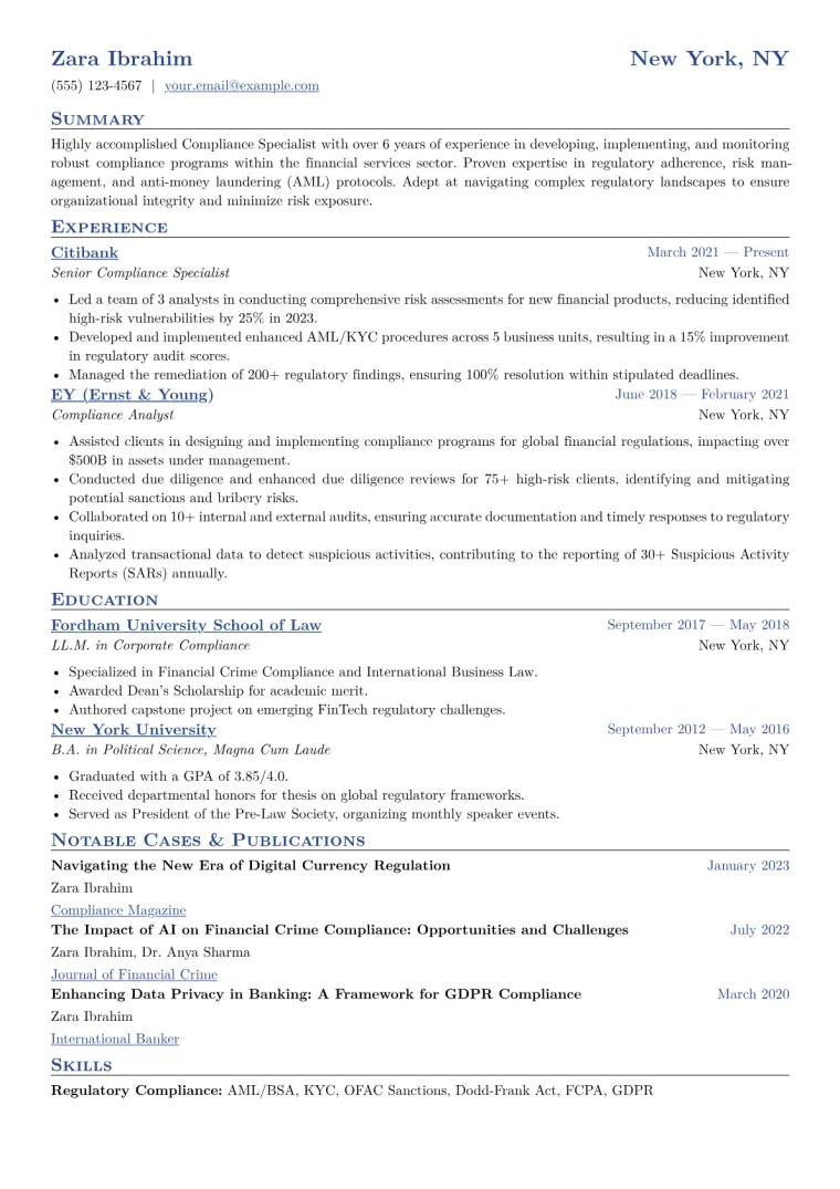 Compliance Specialist Resume Example CV template preview