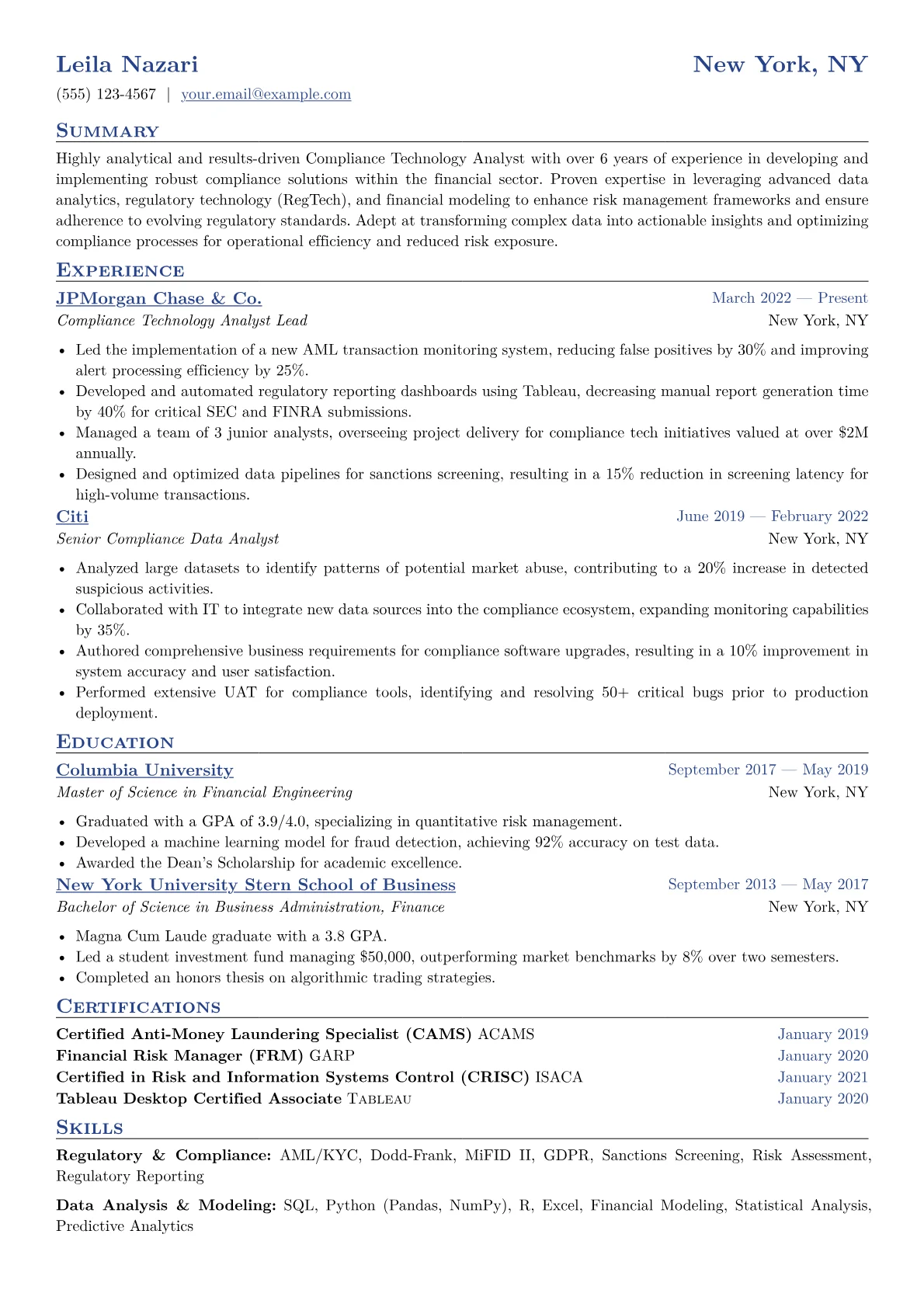 Compliance Technology Analyst Resume Example CV template - Page 1