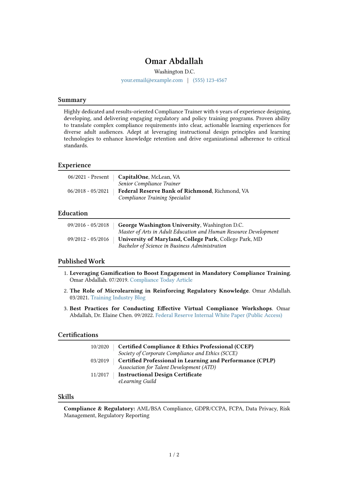 Compliance Trainer Resume Example CV template - Page 1