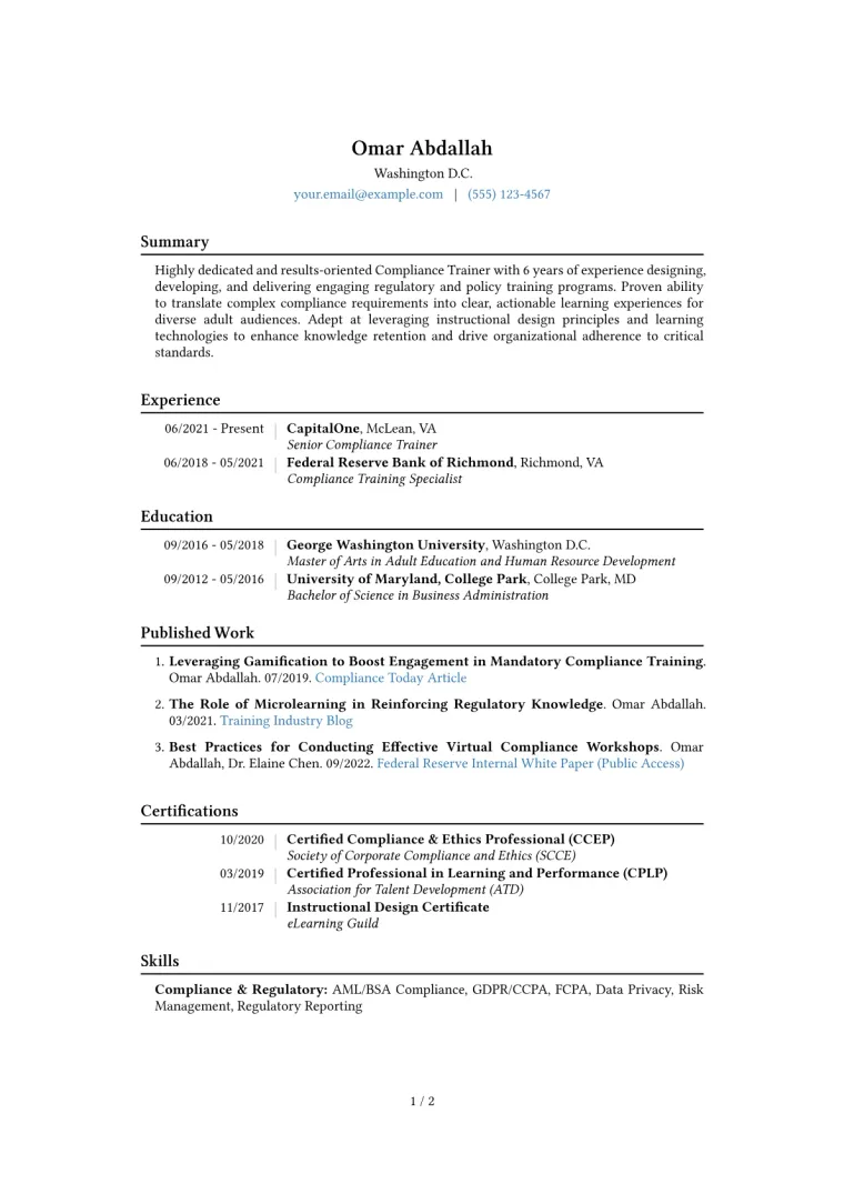Compliance Trainer Resume Example CV template preview