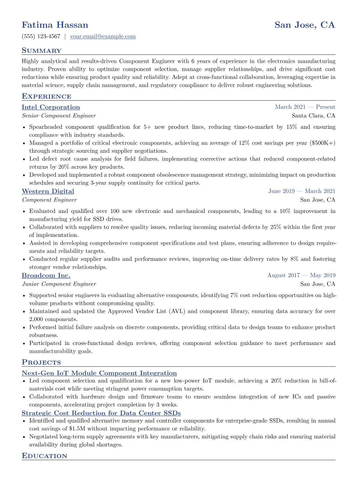 Component Engineer Resume Example CV template - Page 1