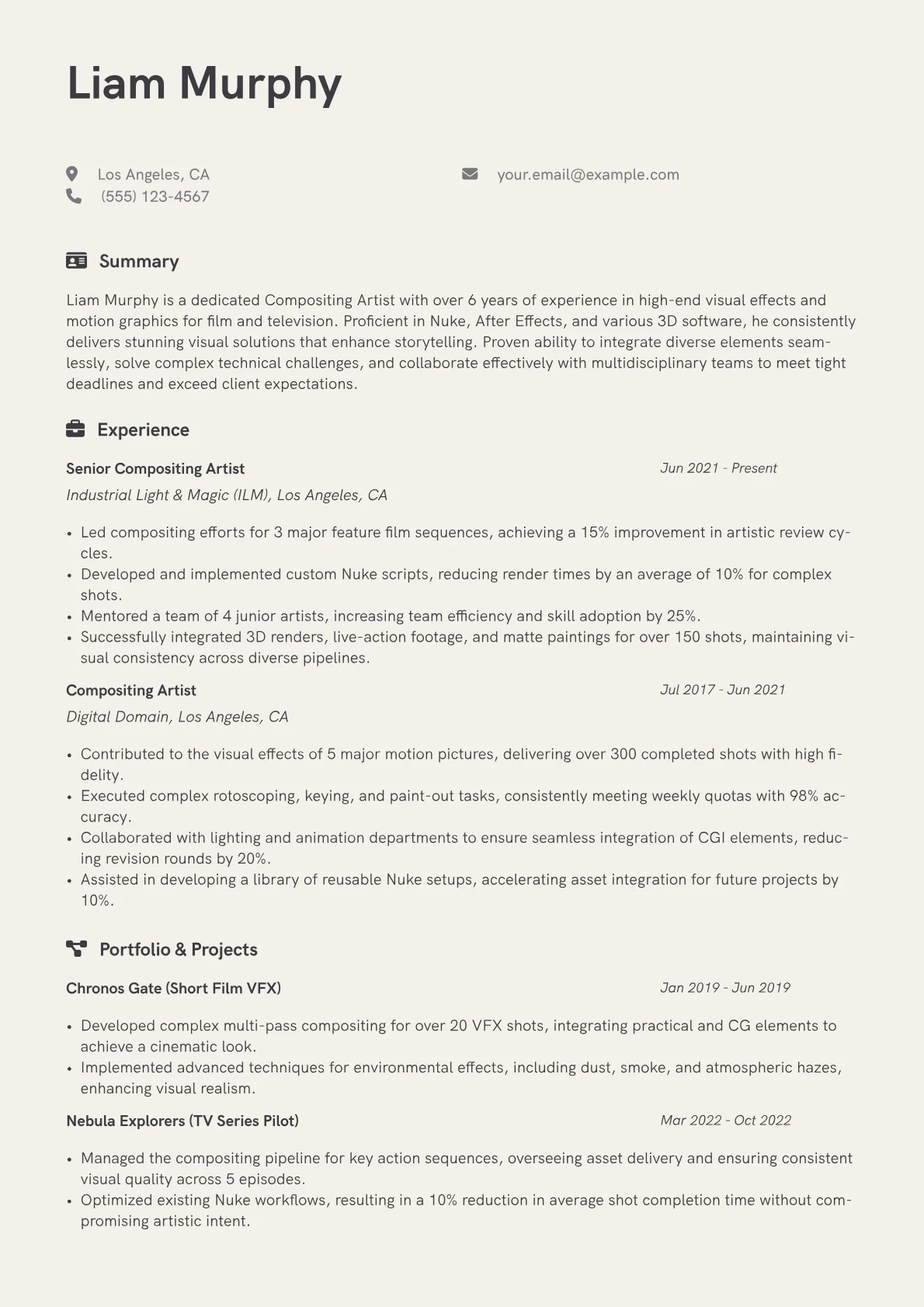 Compositing Artist Resume Example CV template - Page 1