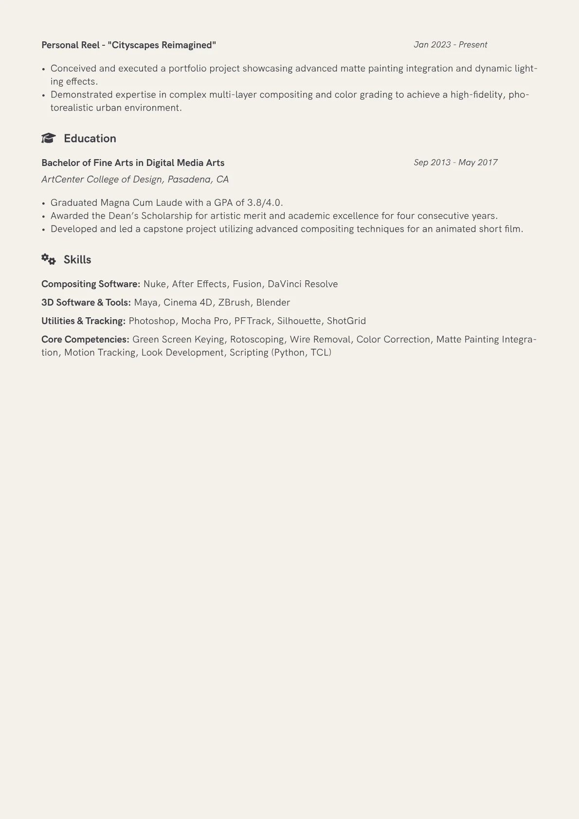 Compositing Artist Resume Example CV template - Page 2