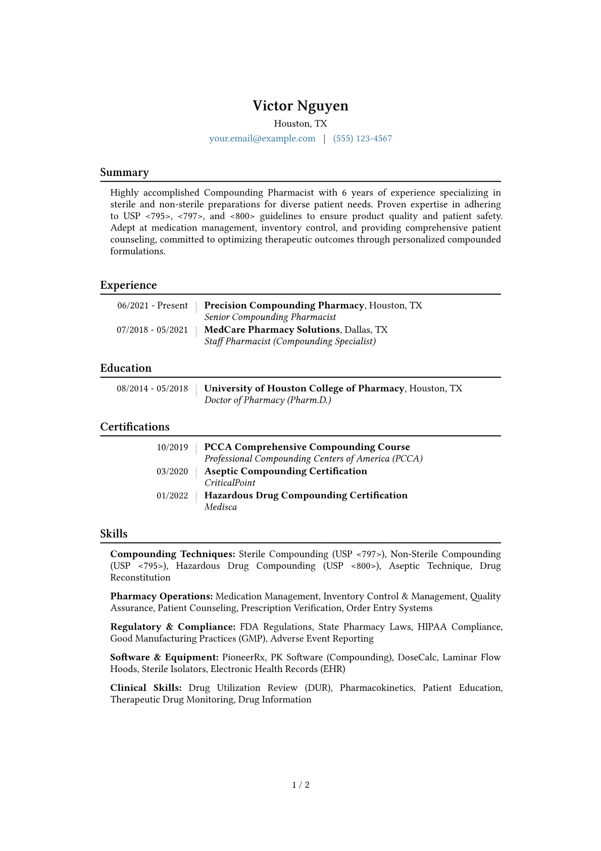 Compounding Pharmacist Resume Example CV template - Page 1