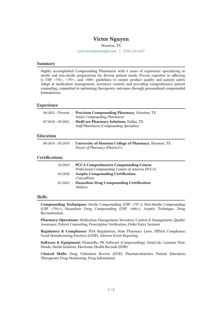 Compounding Pharmacist Resume Example CV template preview