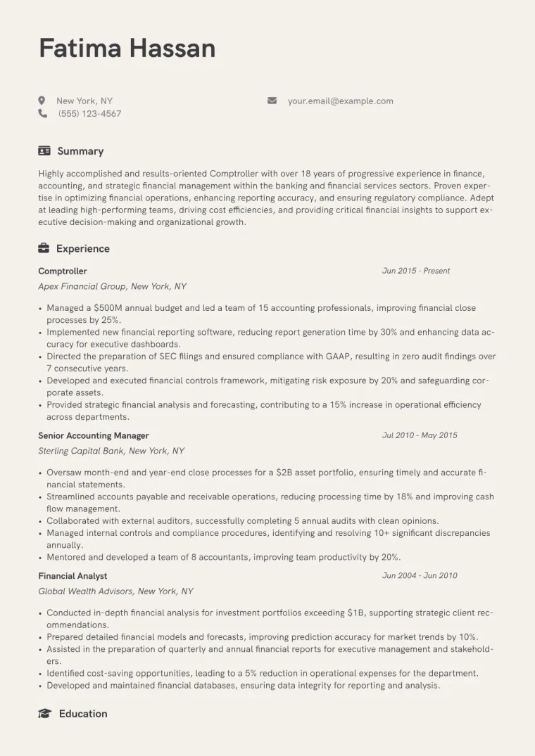 Comptroller Resume Example CV template preview