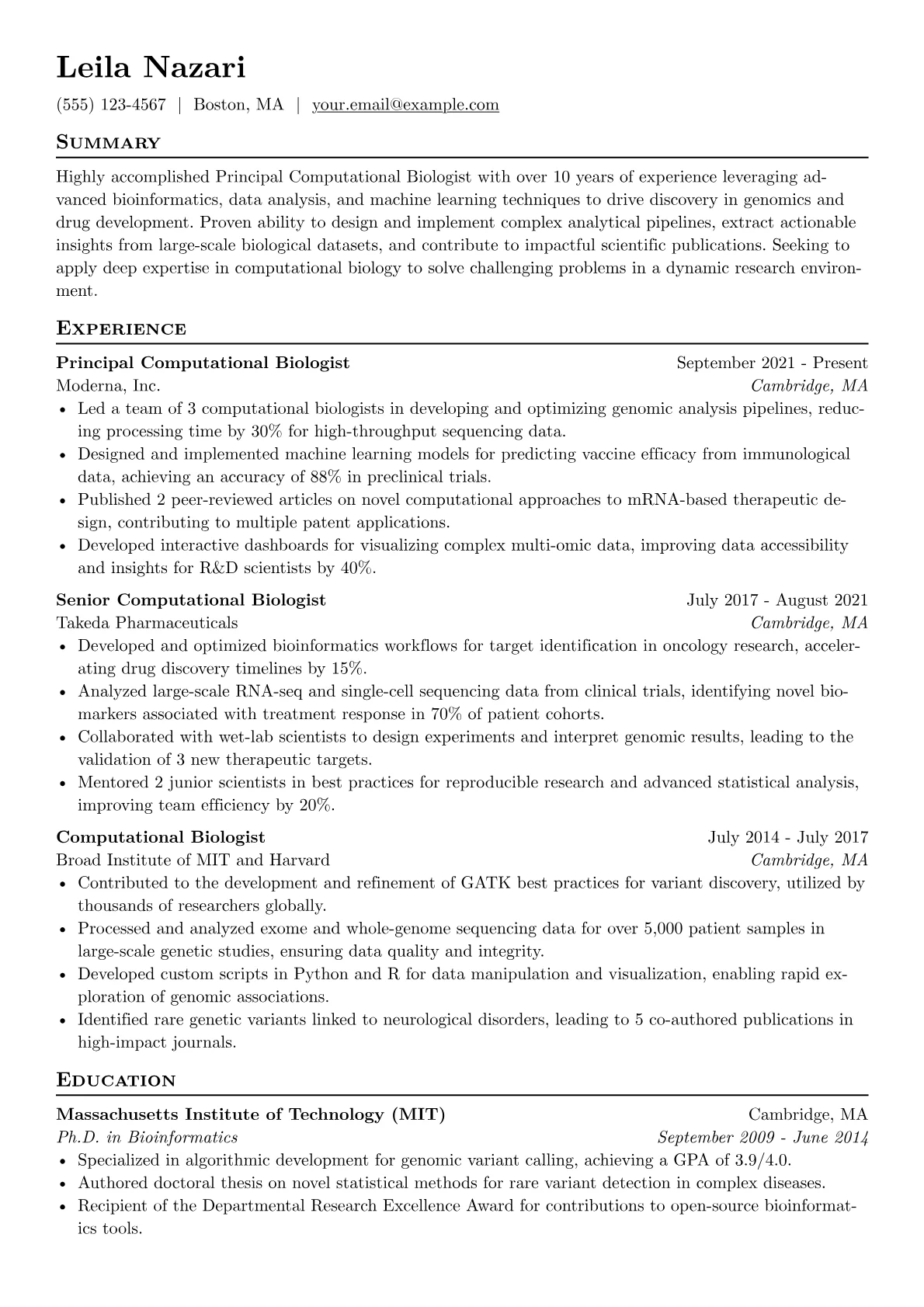 Computational Biologist Resume Example CV template - Page 1