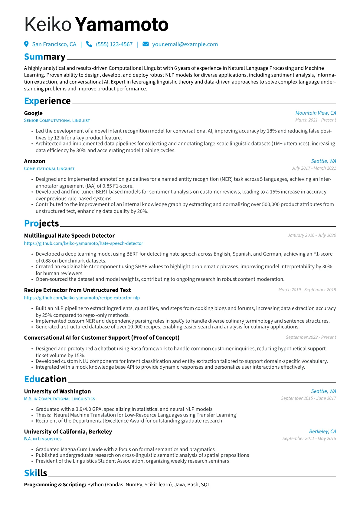 Computational Linguist Resume Example CV template - Page 1