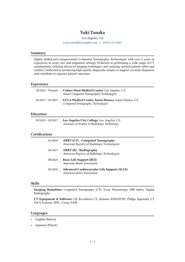 Computed Tomography Technologist Resume Example CV template preview