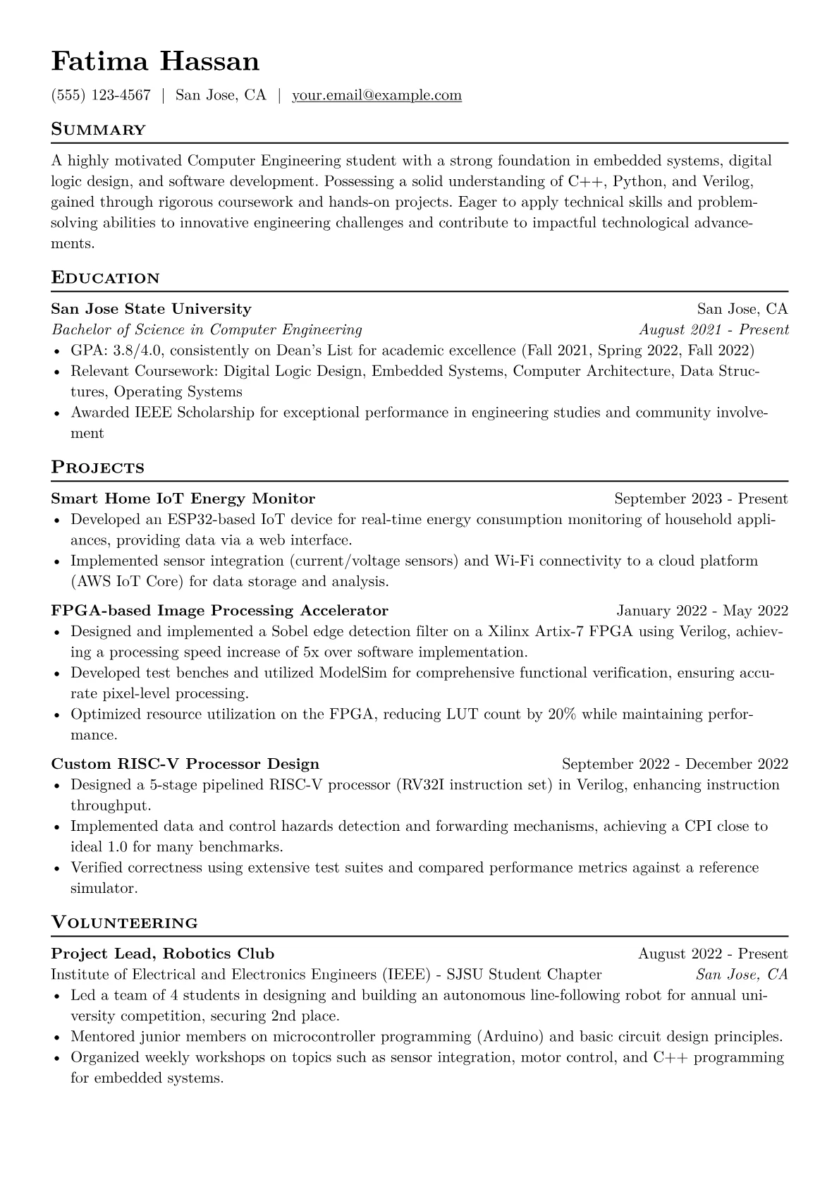 Computer Engineering Student Resume Example CV template - Page 1