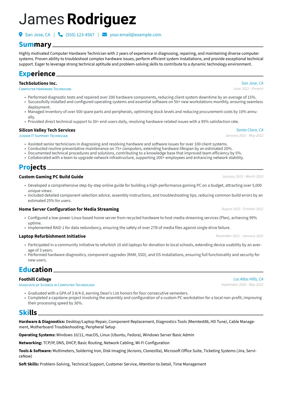 Computer Hardware Technician Resume Example CV template - Page 1