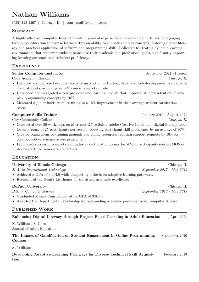 Computer Instructor Resume Example CV template preview