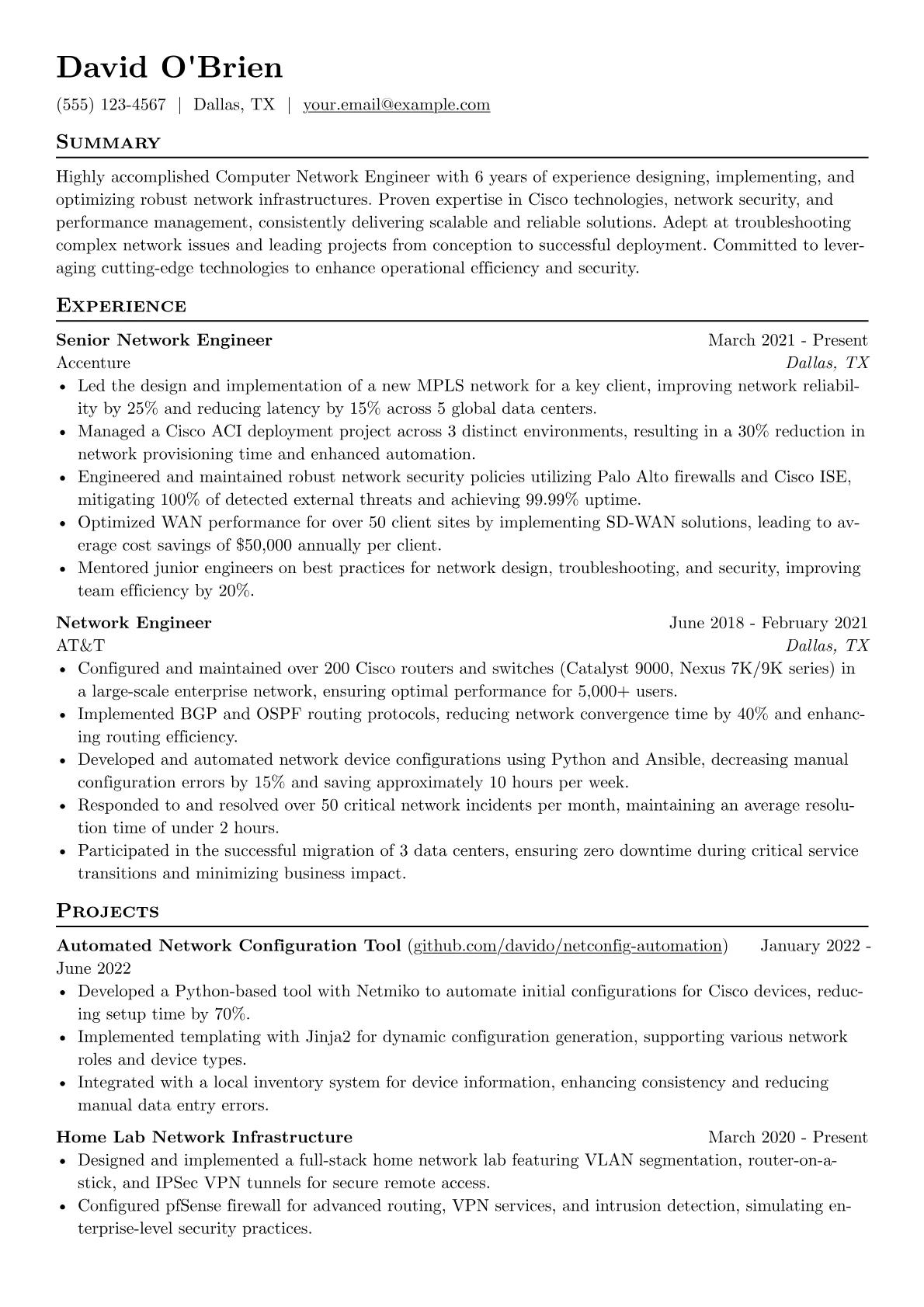 Computer Network Engineer Resume Example CV template - Page 1