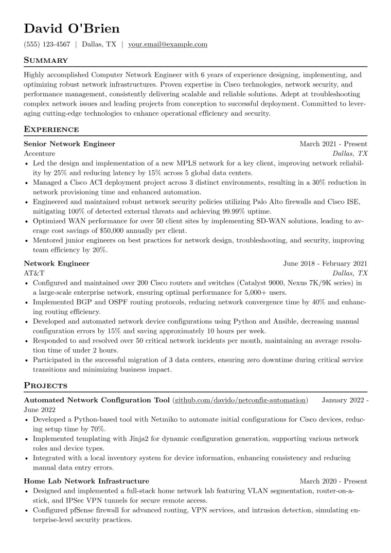 Computer Network Engineer Resume Example CV template preview