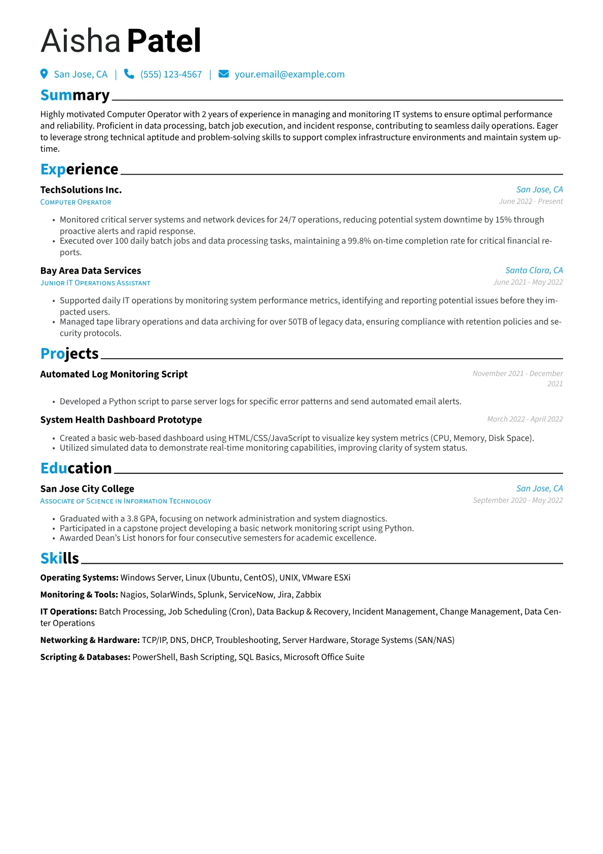 Computer Operator Resume Example CV template - Page 1