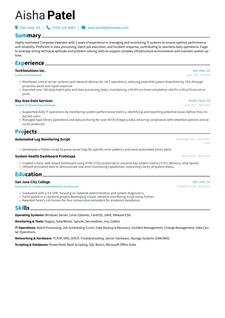 Computer Operator Resume Example