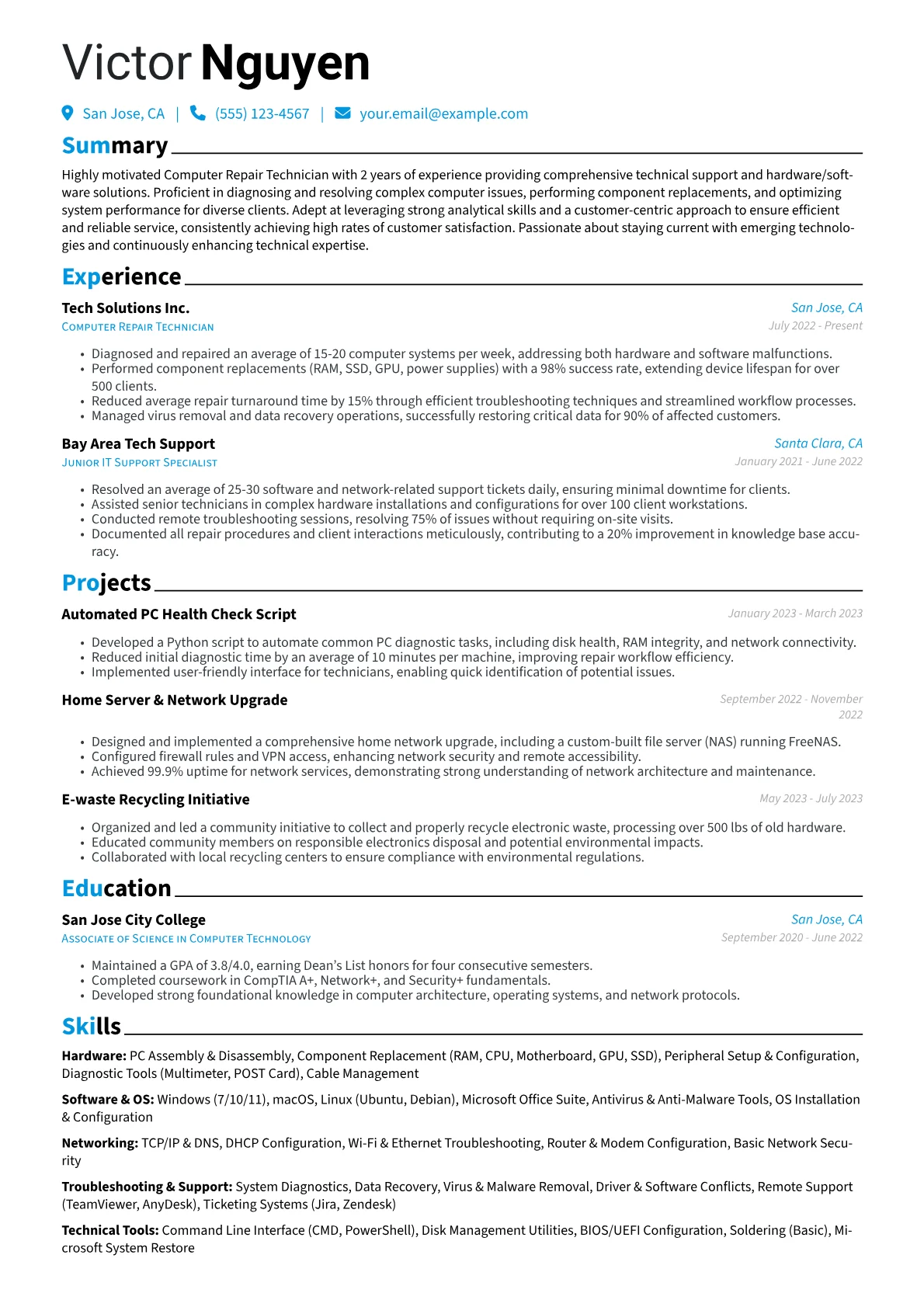 Computer Repair Technician Resume Example CV template - Page 1