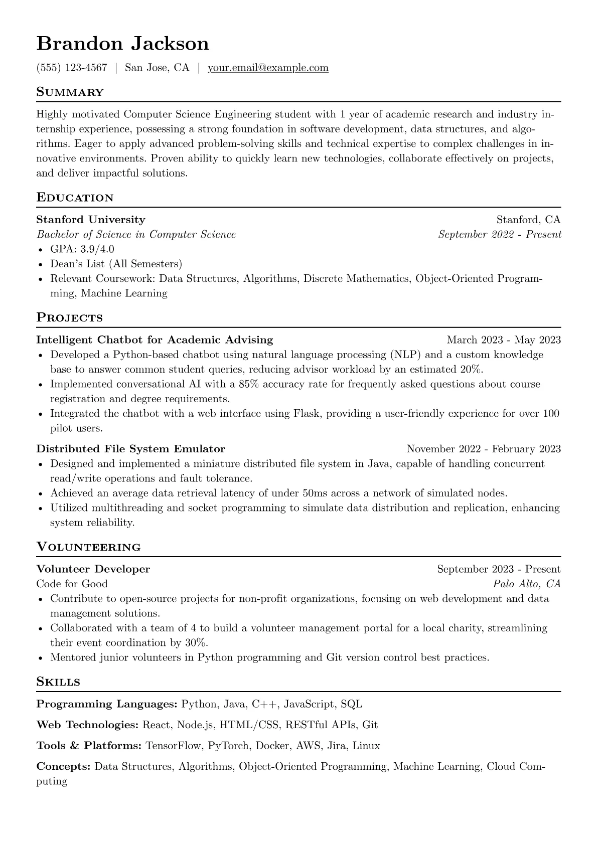 Computer Science Engineering Student Resume Example CV template - Page 1