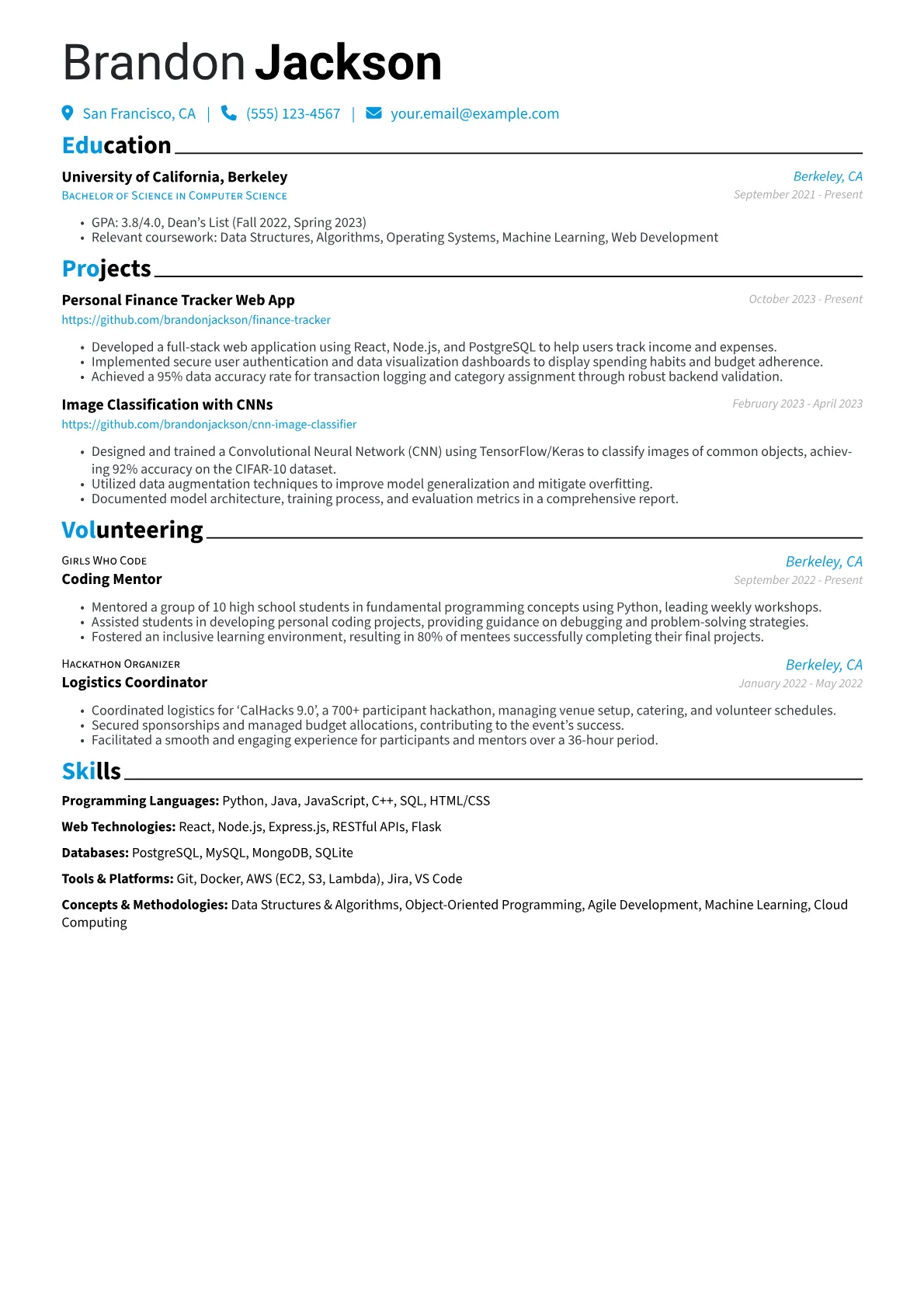 Computer Science Student Resume Example CV template - Page 1
