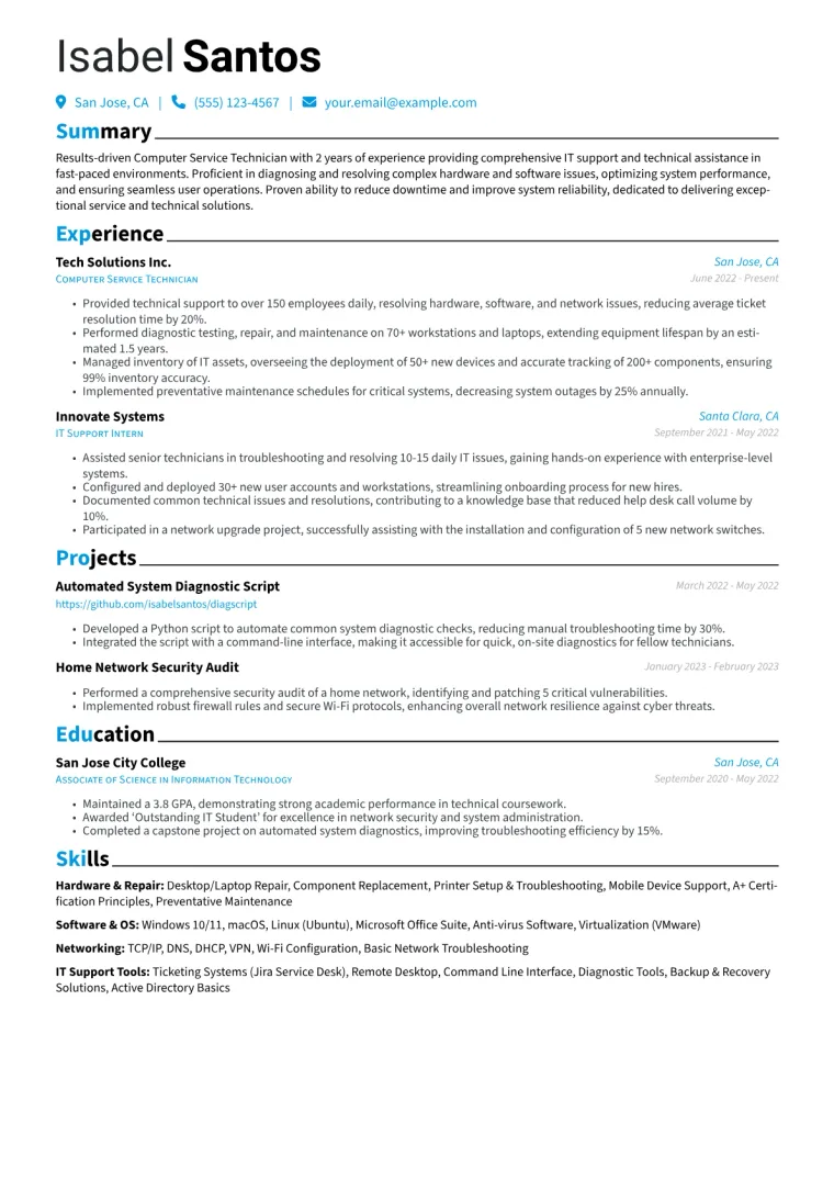 Computer Service Technician Resume Example CV template preview