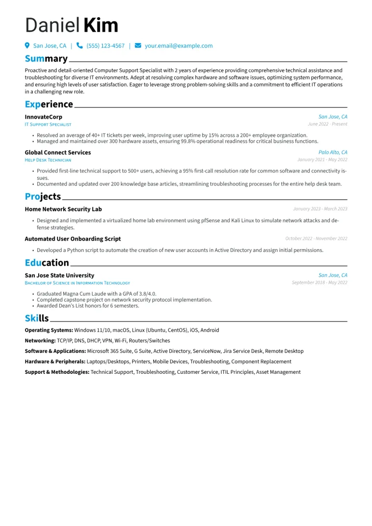 Computer Support Specialist Resume Example CV template preview