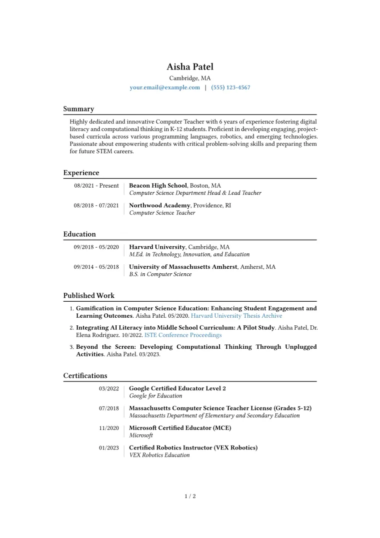 Computer Teacher Resume Example CV template preview