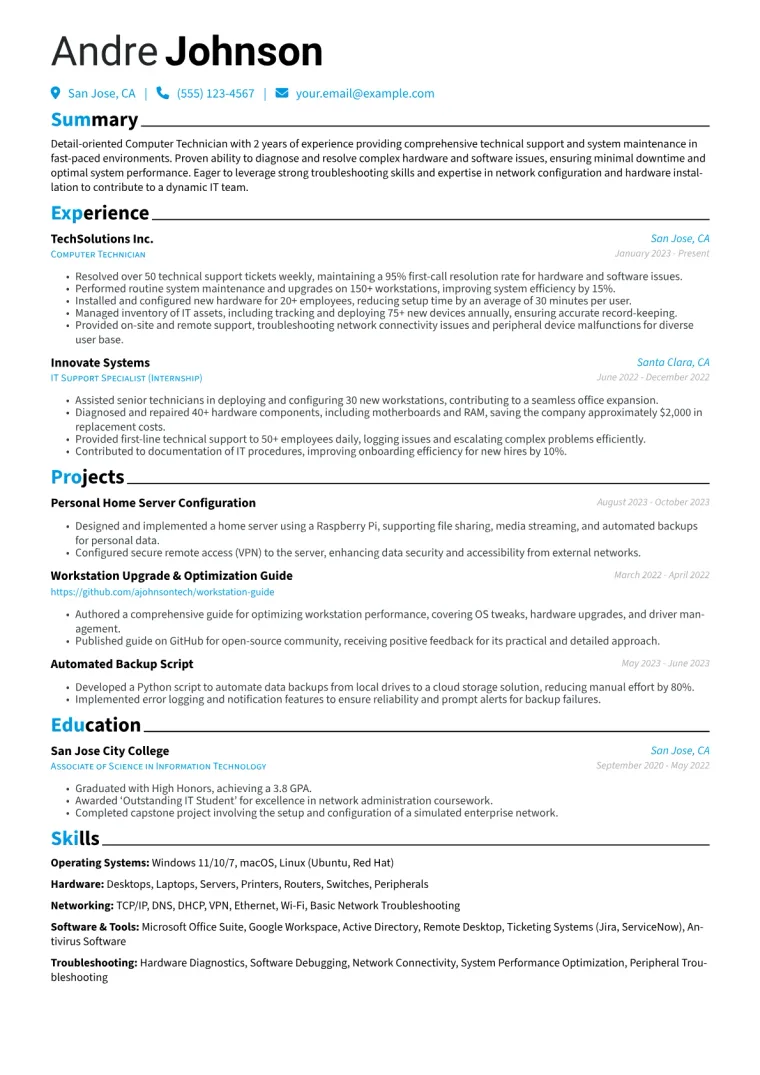 Computer Technician Resume Example CV template preview