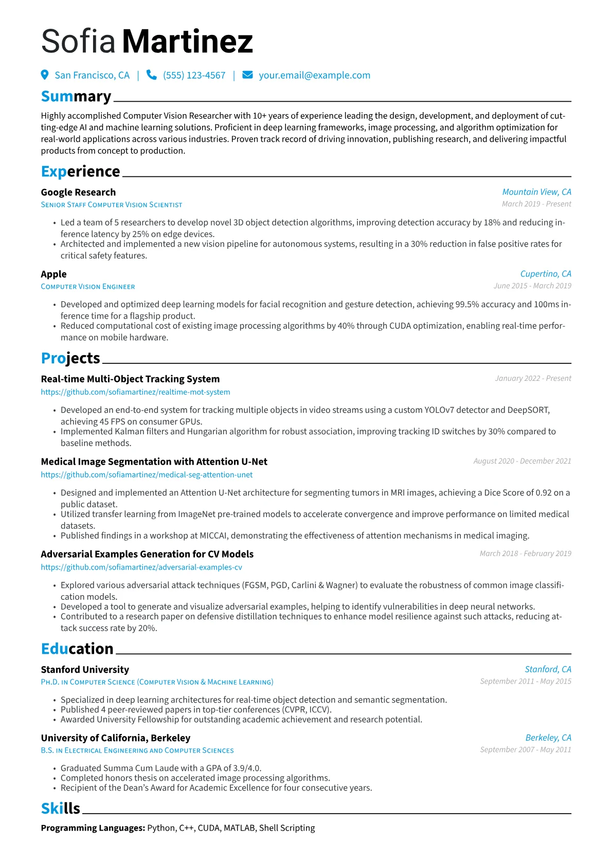 Computer Vision Researcher Resume Example CV template - Page 1