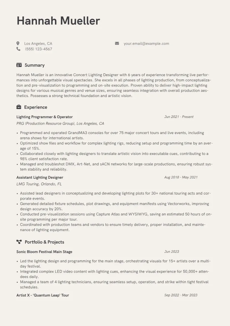 Concert Lighting Designer Resume Example CV template preview
