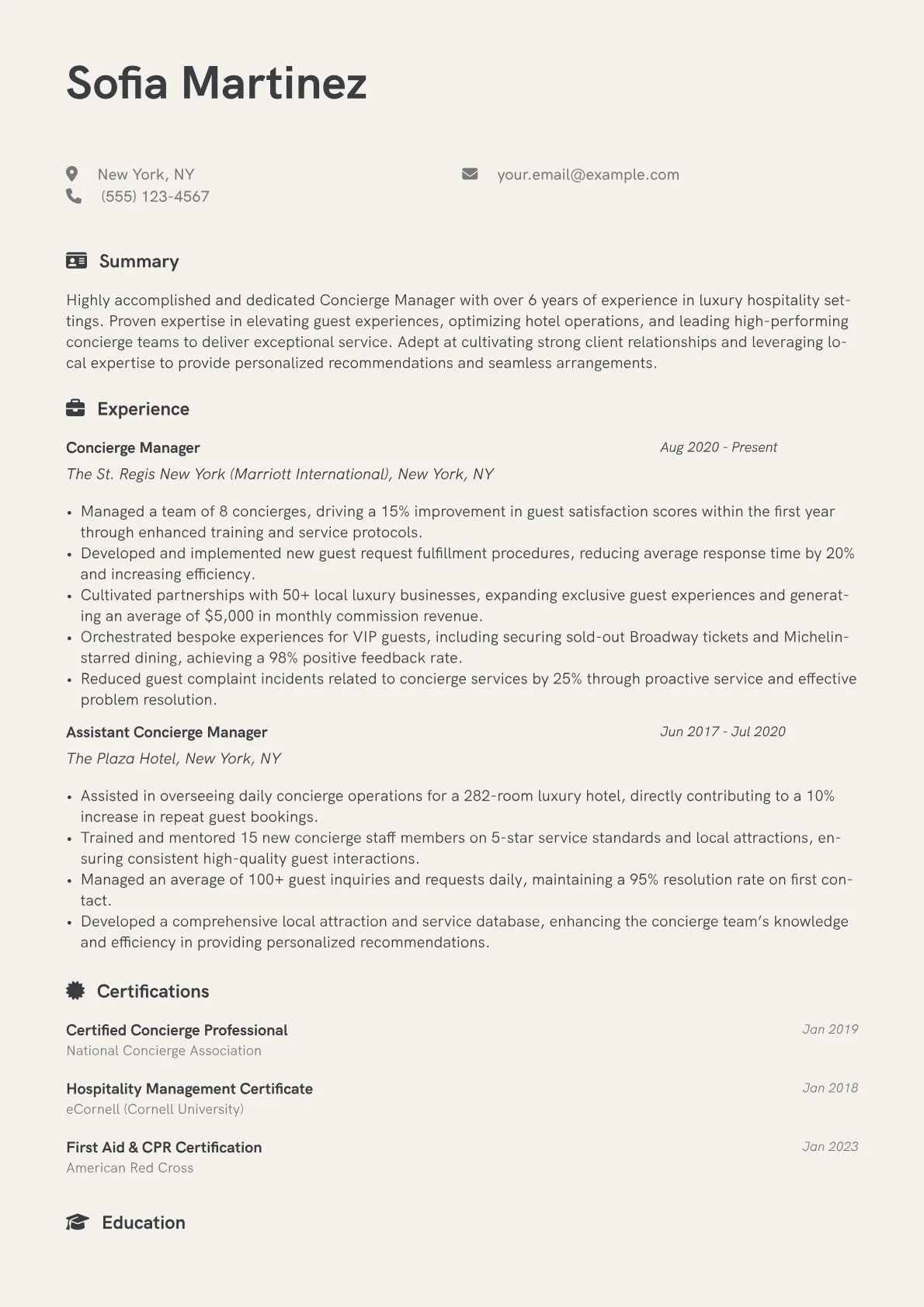 Concierge Manager Resume Example CV template - Page 1