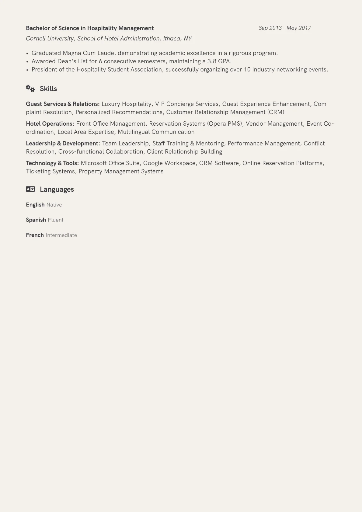 Concierge Manager Resume Example CV template - Page 2