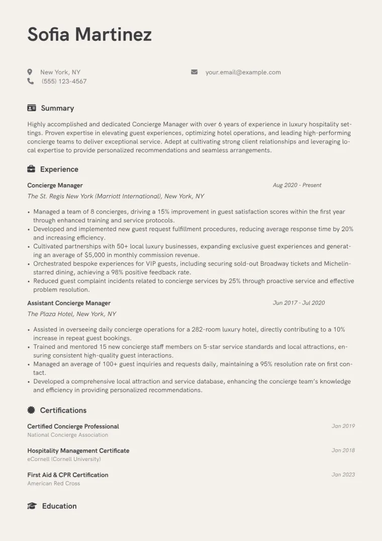 Concierge Manager Resume Example CV template preview