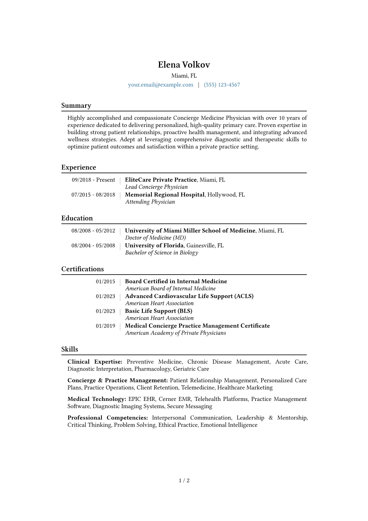 Concierge Medicine Physician Resume Example CV template - Page 1