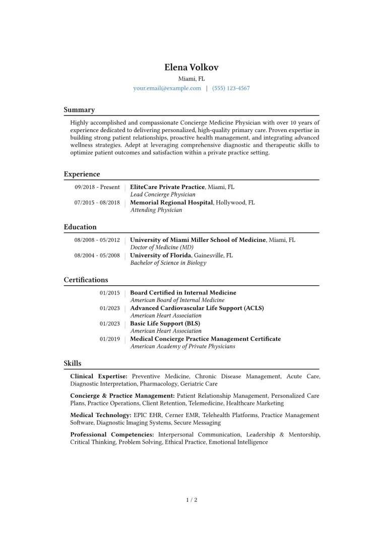 Concierge Medicine Physician Resume Example CV template preview